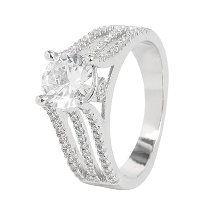 925 Sterling Silver Solitaire Ring with Cubic Zirconia | Multi-Row Pavé Band Engagement Ring for Women