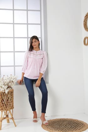 White & pink digital print top with lace detailing-M
