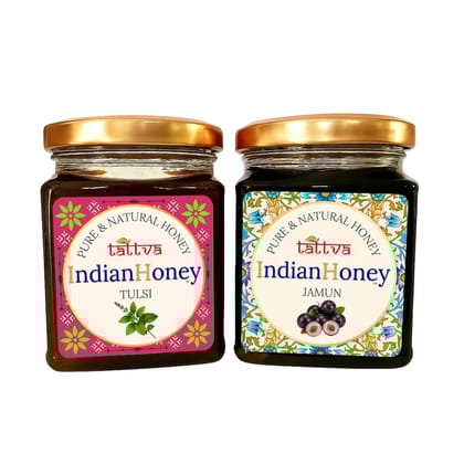IndianHoney Diabetics-Friendly Jamun Honey & Ayurvedic & Stress-Relief Tulsi Infused Honey Combo Pack (230gm & 230gm)