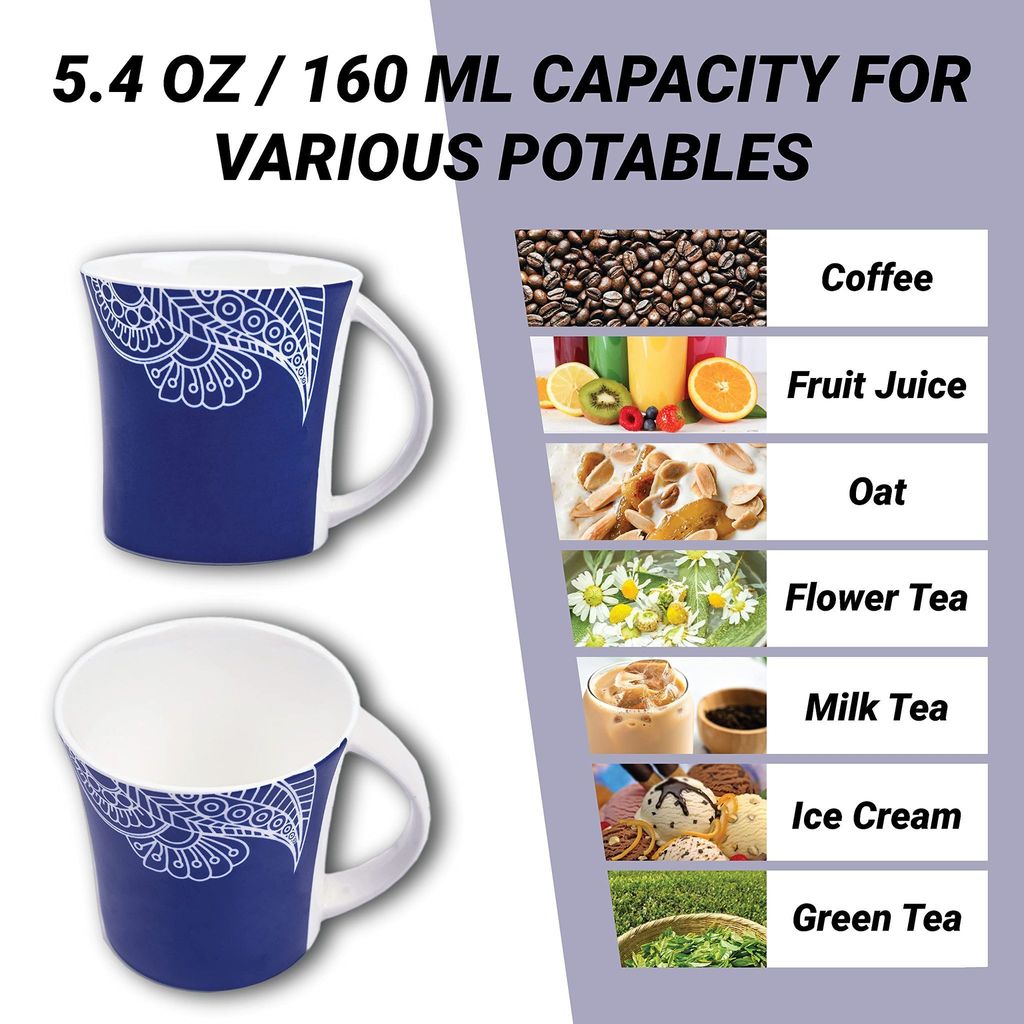 Femora Rich Paisley Pattern Tea Cups, Ceramic Tea Cups, Coffee Mugs (160 ml) - 6 Pcs Set (Blue)