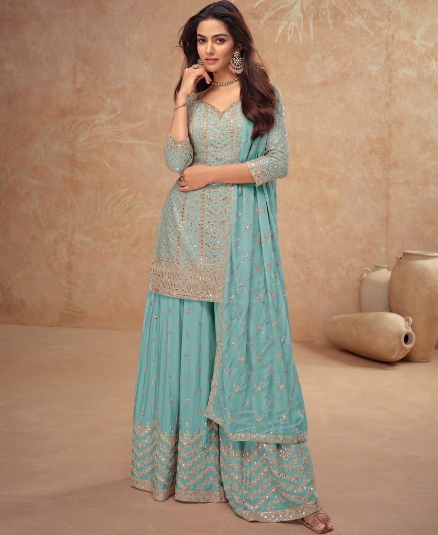 designer chinon palazzo set for women ethnic wear sky blue