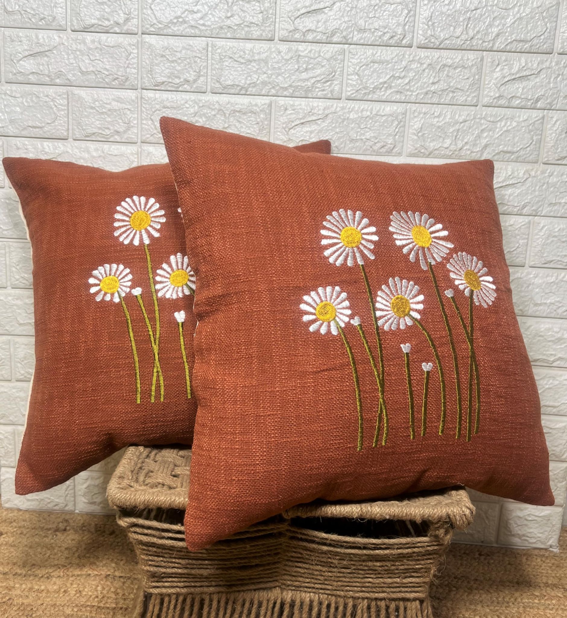 Indihomecraft Handicraft Cotton Cushion Cover - Hand Stitched Embroidery Decorative Boho Pillow Sun Flower Shape Hand Made Pillow Cover | Hand Stitch 18X18 Inches Cushion Cover, Set of 2