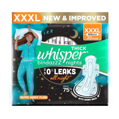 WHISPER BINDAZZZ NIGHTS SANITARY PADS, 20 XXXL PADS, UPTO 0% LEAKS ALL NIGHT LONG, FOR HEAVY FLOW, 75% LONGER & WIDER BACK, COMFORTABLE CUSHIONY SOFT WINGS, DISPOSABLE WRAPPER