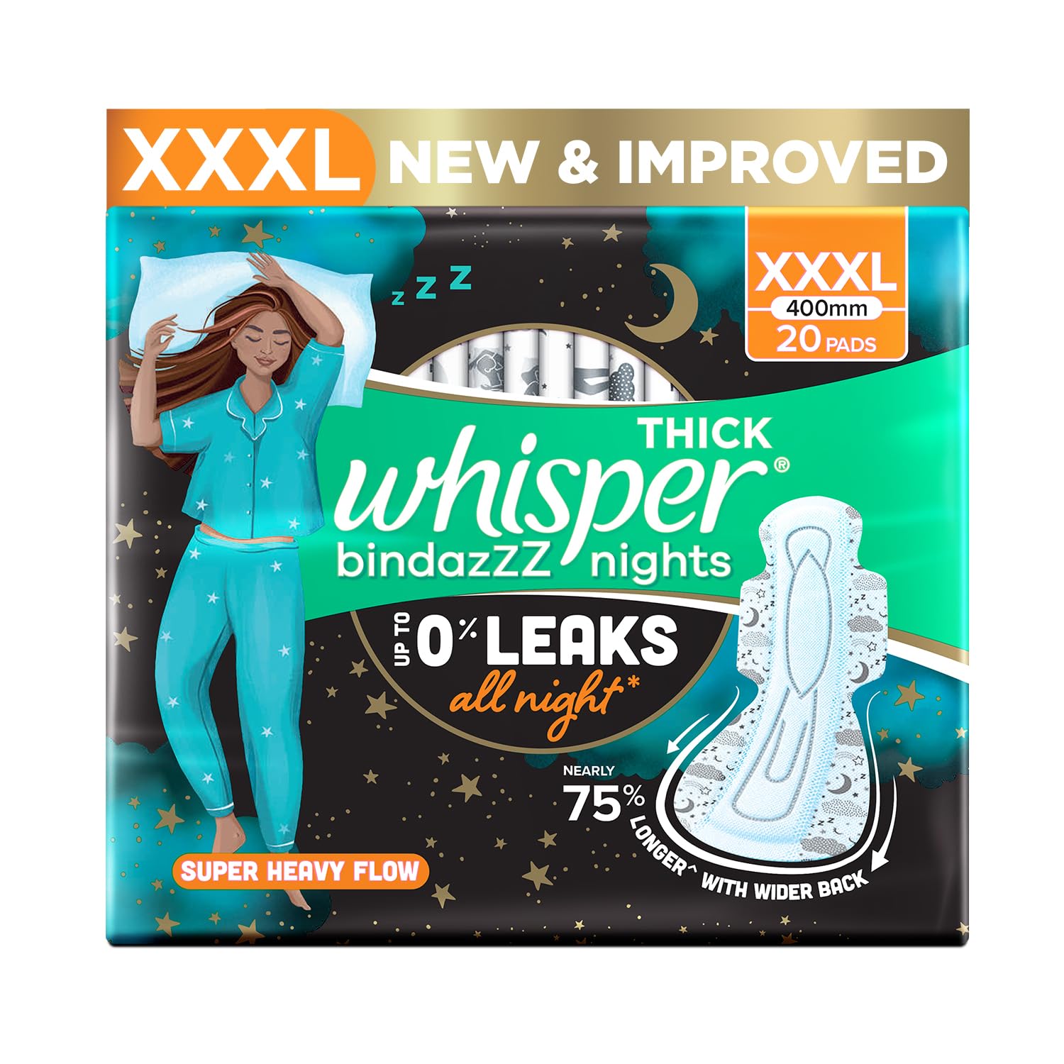WHISPER BINDAZZZ NIGHTS SANITARY PADS, 20 XXXL PADS, UPTO 0% LEAKS ALL NIGHT LONG, FOR HEAVY FLOW, 75% LONGER & WIDER BACK, COMFORTABLE CUSHIONY SOFT WINGS, DISPOSABLE WRAPPER