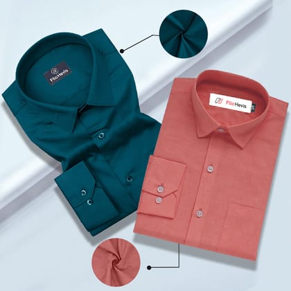 Cotton Satin Teal Blue & Filafil Peach- Classic Pocket Shirt Combo (Set of 2)-M