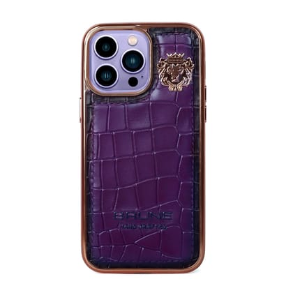 Golden Rim Purple Leather Mobile Cover Deep Cut Croco Textured with Metal Lion Logo by Brune & Bareskin-13Pro