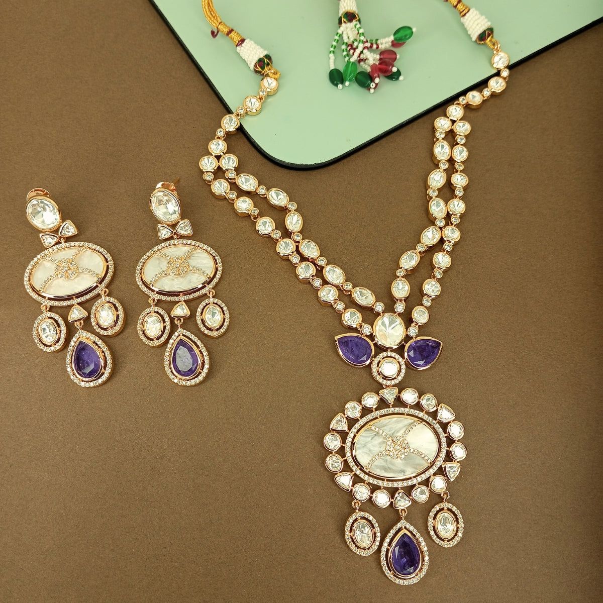 Mother of pearl (MOP), Polki with Amethyst layered necklace set