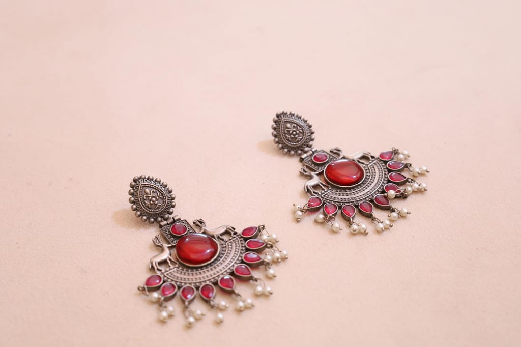 Vintage Style Oxidized Silver Earrings with Red Stones, Pearl Drops and Deer Motif, Traditional Indian Design