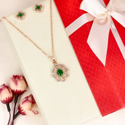Women Rose Gold-Plated CZ Green Stone Pendants Set - SIA446775_A