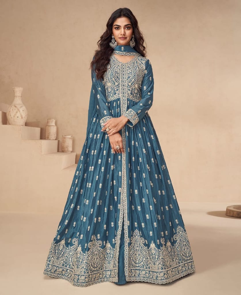 traditional front slit blue chinon anarkali set for women