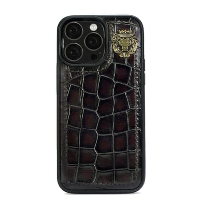 Mobile Cover In Dark Brown Deep Cut Croco Leather by Brune & Bareskin-16ProMax