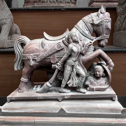 King Ashoka with Horse Pink Stone Statue