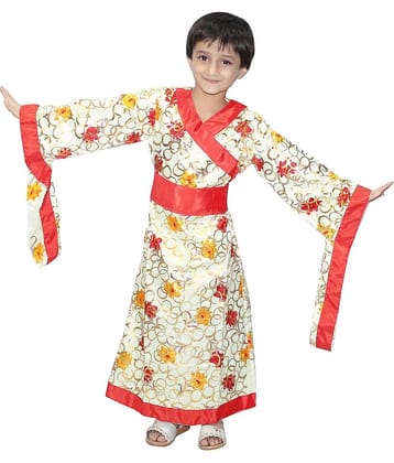 Kaku Fancy Dresses Japanese Kimono Global Ethnic Costume -Cream, 7-8 Years, For Girls