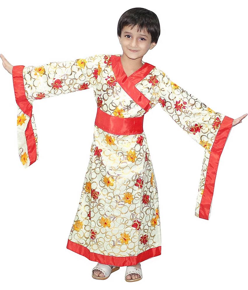 Kaku Fancy Dresses Japanese Kimono Global Ethnic Costume -Cream, 7-8 Years, For Girls