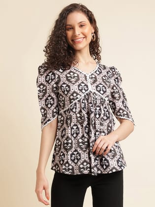 Brown Printed Straight Cotton Blend V-Neck Top-S