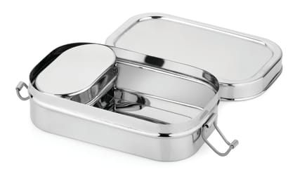 Stainless Steel Lunch Box with Transparent Lid & Locking Clips | Rectangular Steel Tiffin Box