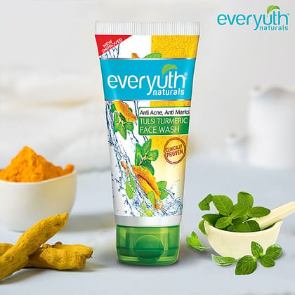 Everyuth Naturals Tulsi Turmeric Face Wash - Anti Acne, Anti Marks, 100% Soap Free, No Harmful Chemicals, 50 G Tube