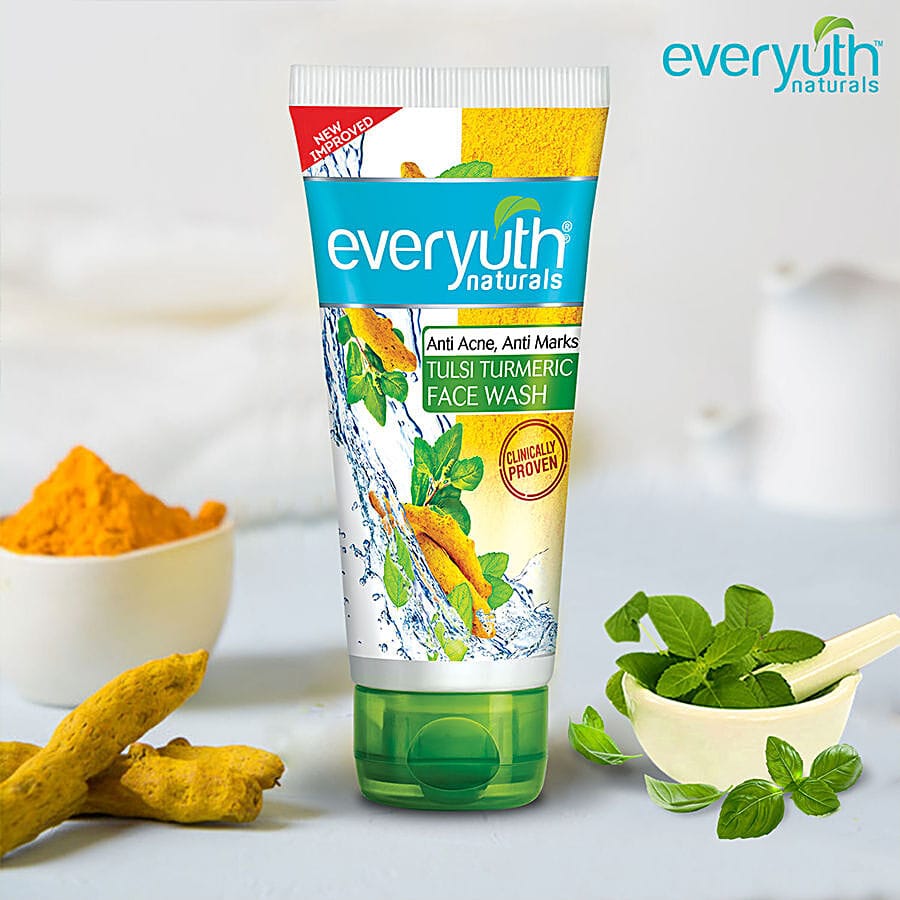 Everyuth Naturals Tulsi Turmeric Face Wash - Anti Acne, Anti Marks, 100% Soap Free, No Harmful Chemicals, 50 G Tube
