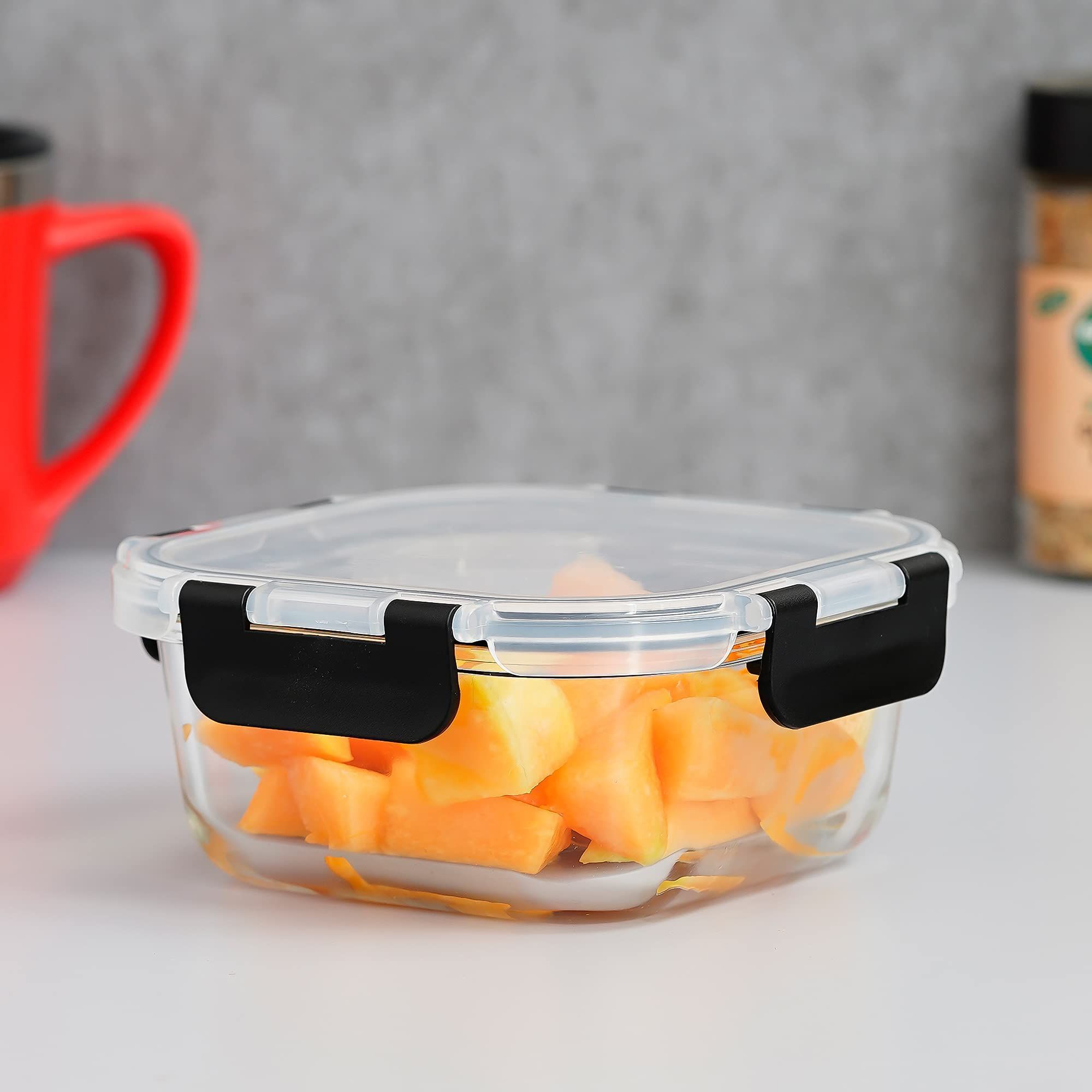 Femora Borosilicate Square Glass Container with Dectahable & Break Free Lid, Black Color, 300 ML, Set of 3