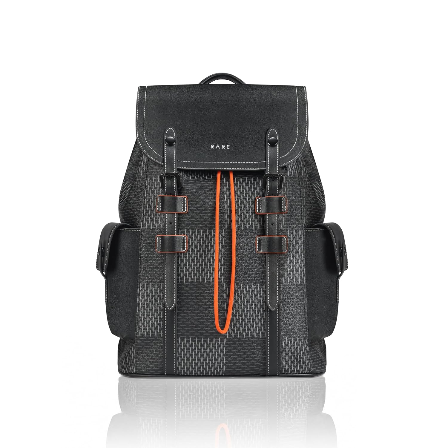 RARE RABBIT AUTUN Structured Vegan Leather Backpack, 3D Checkered Flag Print, 13.35L (Black)