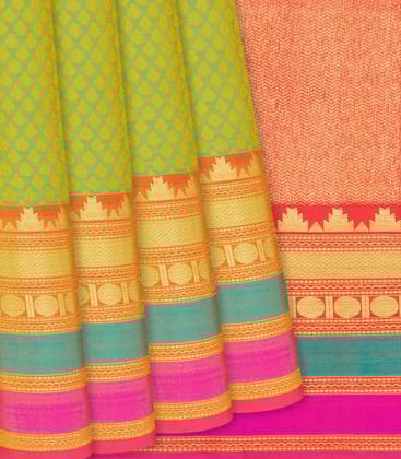 Green Handloom Kanchipuram Silk Saree With Floral Motifs-Green-Green