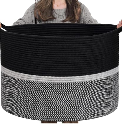 Generic Cotton Dori 16x14 Inch Storage Basket For Clothes With Out Lid (Black-Black-White)-PID66404