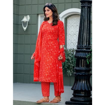 womens cotton blend printed kurti with pant dupatta set orange pid63064