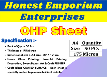 HEE OHP Sheets 175 Micron A4 Pack of 50 Transparency Film for Crystal Clear Presentations, Reports, & Projects - Perfect for Home & Office Use!