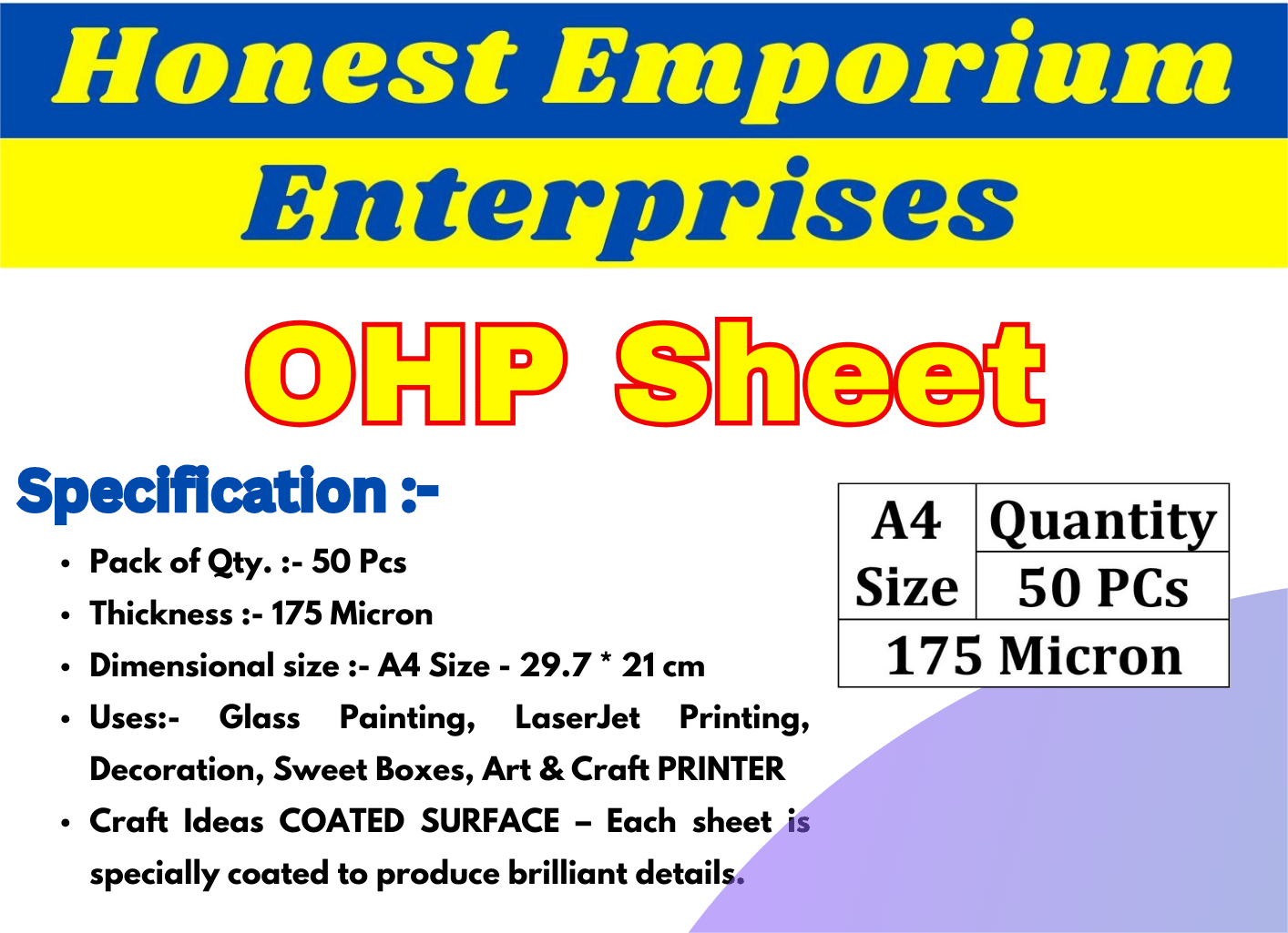 HEE OHP Sheets 175 Micron A4 Pack of 50 Transparency Film for Crystal Clear Presentations, Reports, & Projects - Perfect for Home & Office Use!