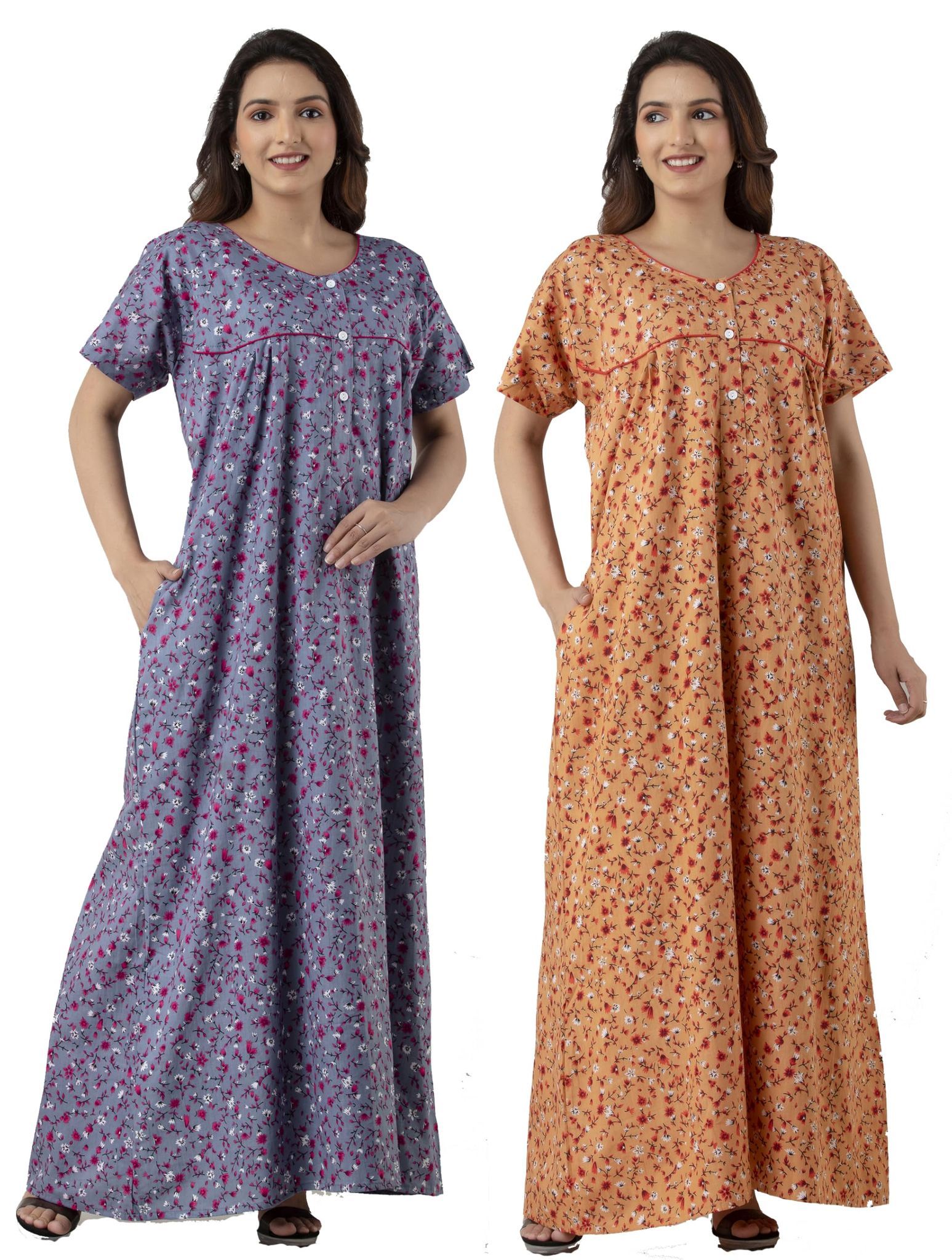 Combo Floral Printed Maxi Nightwear Nighty | Cotton Nighty for Women with Pockets | Comfortable Maxi Dress/Sleepwear/Nightwear (Free Size- L/XL)