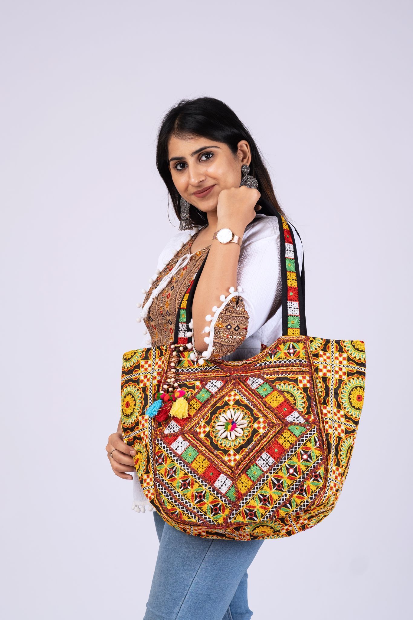 Handwork Rajasthani Embroidered Boho Tote Cross Body Bag, Multicolour For Women