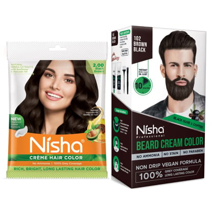 Nisha Creme Hair Colour and Beard Colour Black Brown Combo Pack, Permanent Hair Color 40g and Beard Color for Men 120g