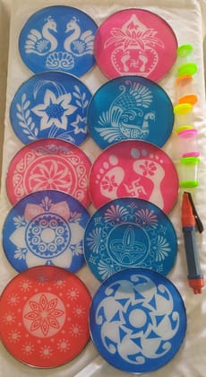 Rangoli :: Easy Making Decorative iltem kit (Qty 16) 8 inch Stencils 10, Color Filer 5, Drawing pen1