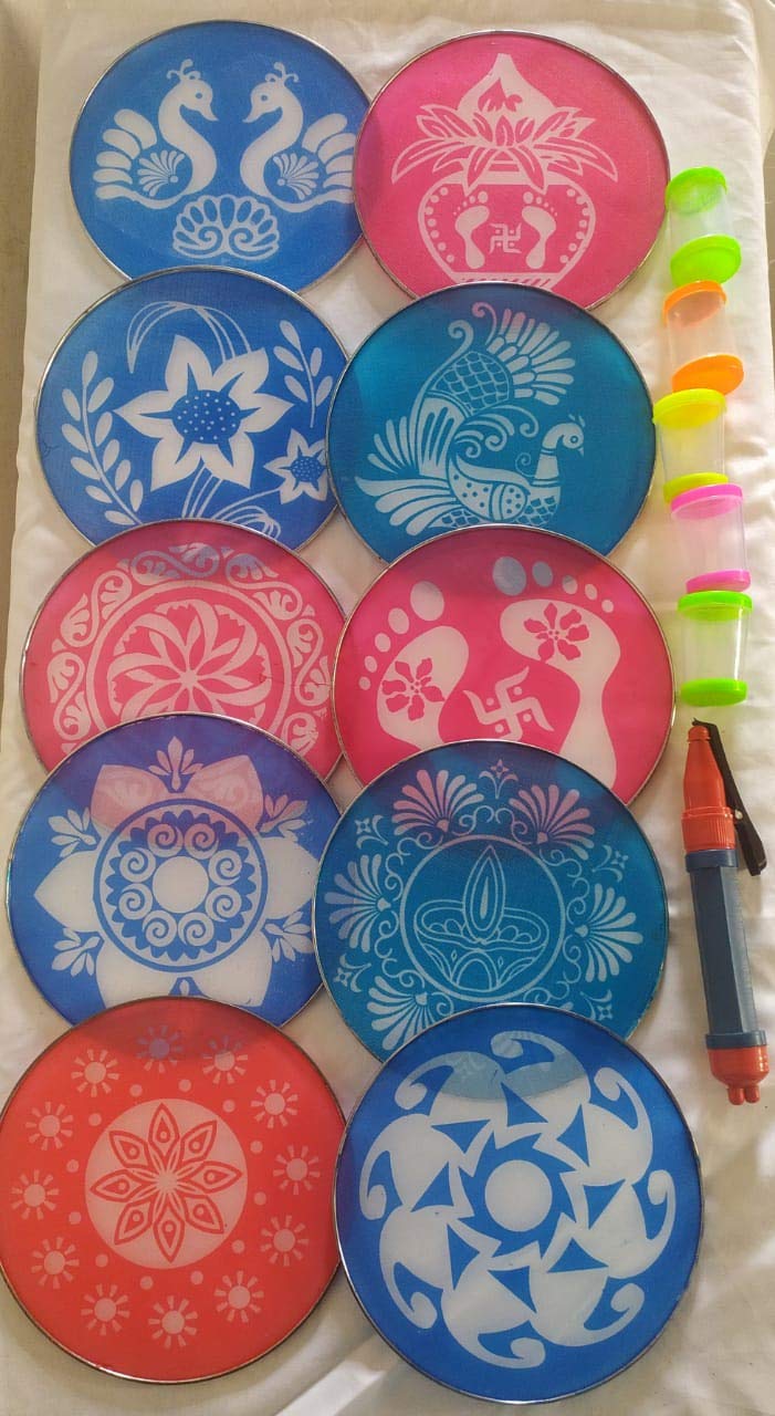 Rangoli :: Easy Making Decorative iltem kit (Qty 16) 8 inch Stencils 10, Color Filer 5, Drawing pen1