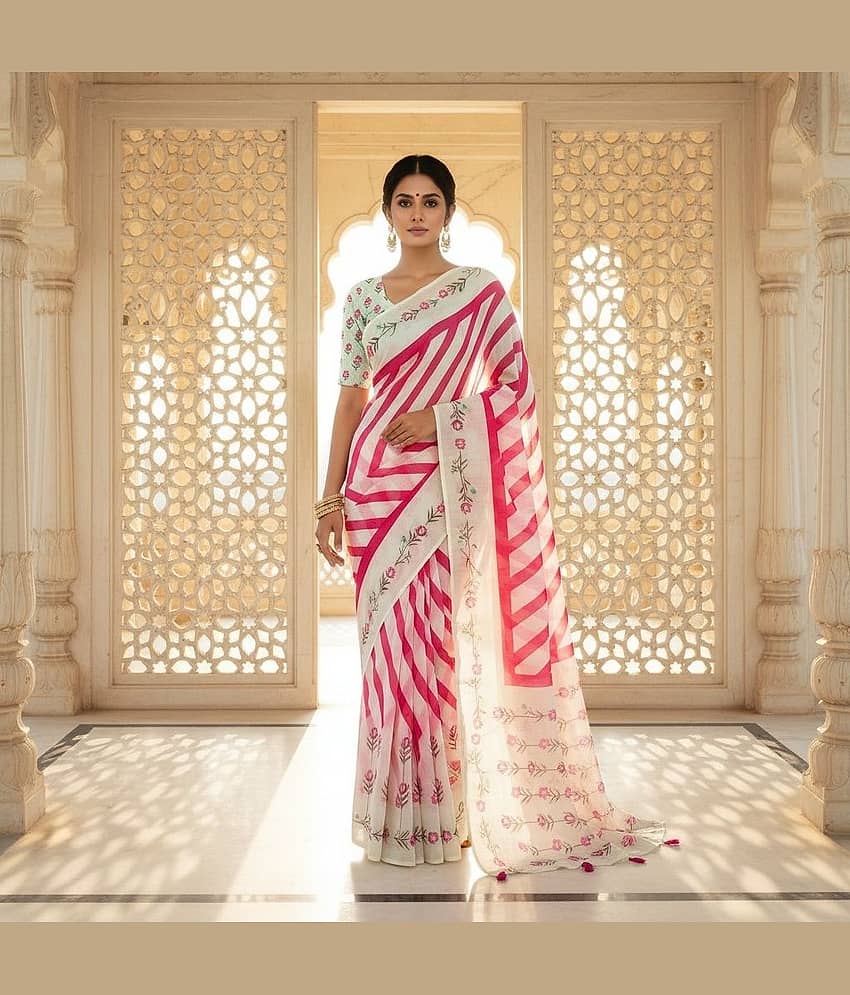 HEMA SILK MILLS Linen Printed Regular Saree With Unstitched Blouse Piece ( Multicolor )