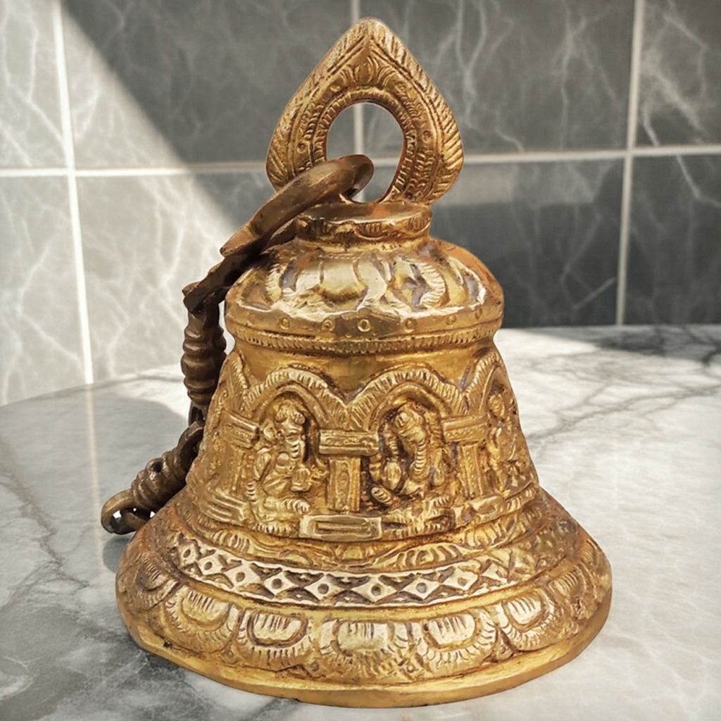 Brass Showpiece Bell With Chain God Idol Statue, Height : 6 Inch (BSMAS709)
