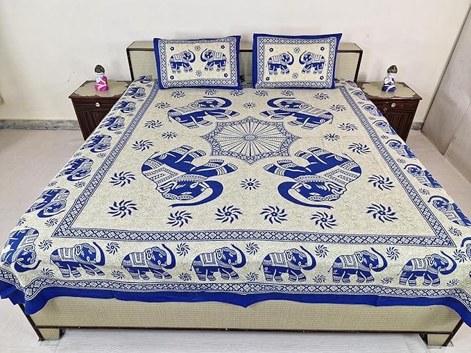 Bedsheet Set with Pillow Covers, Elephant Print, Royal Blue and White Size 210 cm X 226 cm Best use at Single Bed and deewan