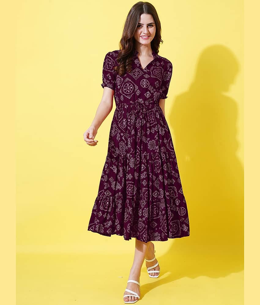 Femvy Women Crepe Printed Fit & Flare Dress ( Wine )