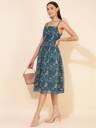 Floral Lurex Digital Printed Shoulder Straps Chiffon Fit & Flare Dress