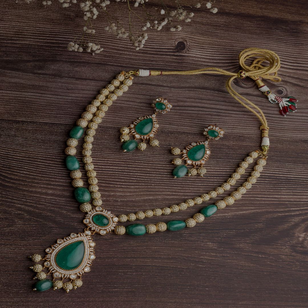 Vivinia By Vidhi Mehra Gold Plated Green Womens Short Necklace Set with Pair of Earrings - VN457