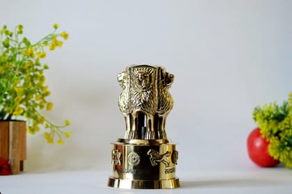 Brass Ashoka stambh Pillar 4 Indian Lion faces idol statue table showpiece (Color - Golden, Size - 4H *2.75L*2.75B) by Snova Enterprises