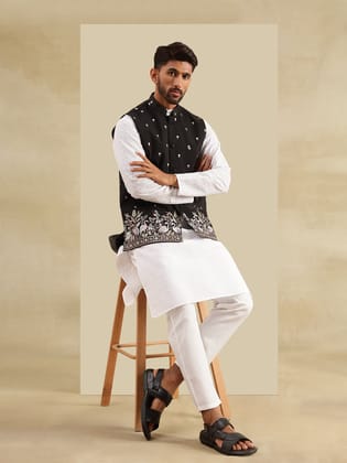 Men's Cotton Chikankari White Kurta and Pyjama With Daman Embroidered Black Nehru Jacket-38