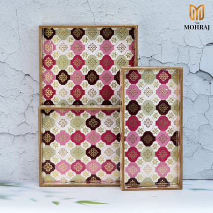 The Mohraj Turkish Pattern Rectangular MDF Trays with Gold Foil Finish Set of 3  
