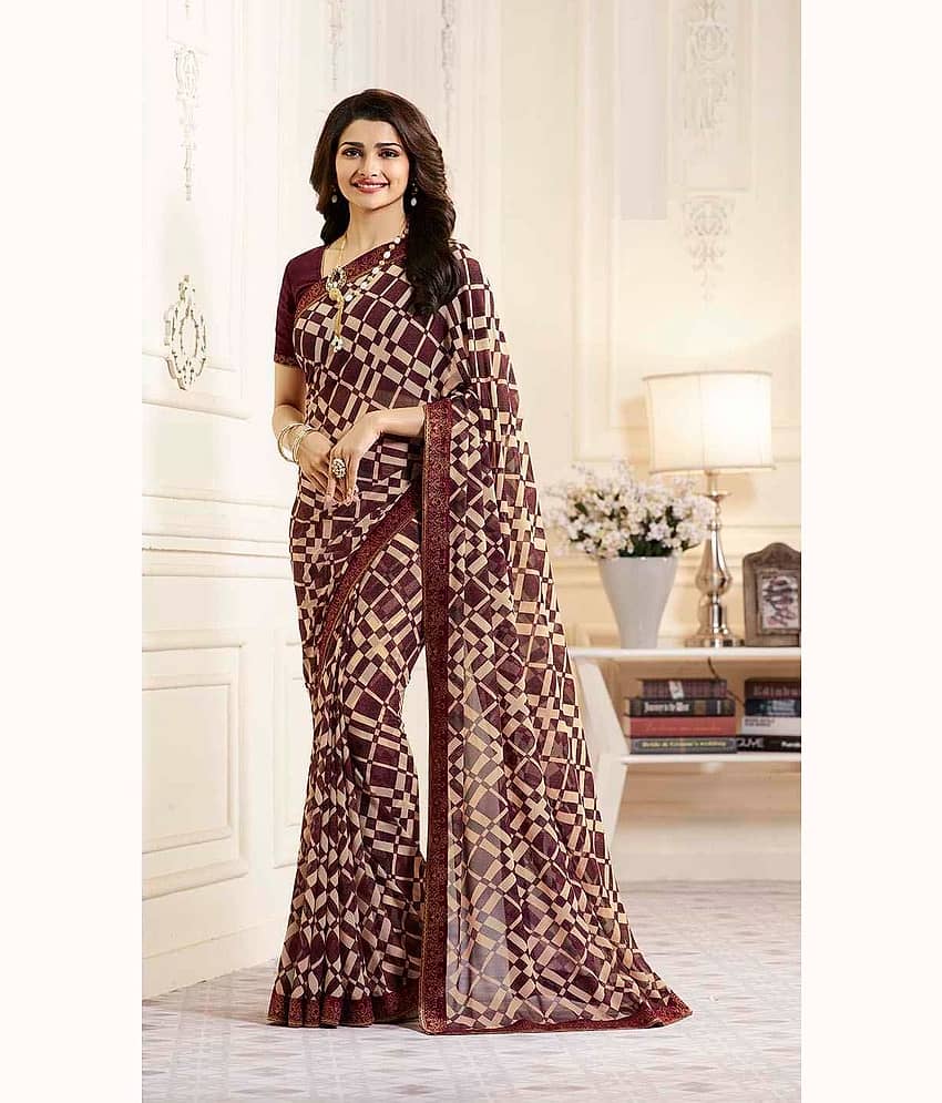 Gazal Fashions Chiffon Printed Saree With Unstitched Blouse Piece ( Maroon )