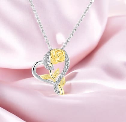 Stylish Silver Plated CZ Chain Pendent Set for Women, Heart Shaped Pendant with Rose Design (Silver & Gold)
