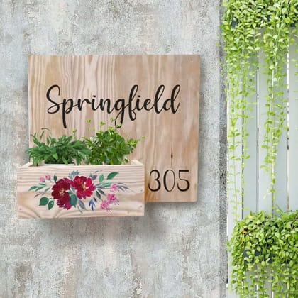 Handpainted Customized Planter Name plate - Red Flowers-Natural Pine