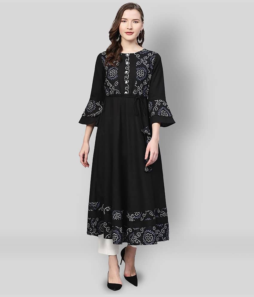 Yash Gallery Pack of 1 Cotton Blend Printed Flared Women's Kurti - ( Black )
