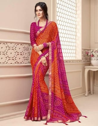 Generic Women's Georgette Bandhani Printed Saree with Unstitched Blouse Piece, Soft Lightweight 5.5 m Sari for Puja and  Wear (Orange-Magenta, Design 67589)