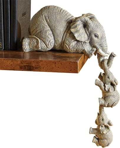 Set of 3 Realistic Elephant Sitter Hand-Painted Figurines, Mother and Two Babies Hanging Off The Edge of A Shelf