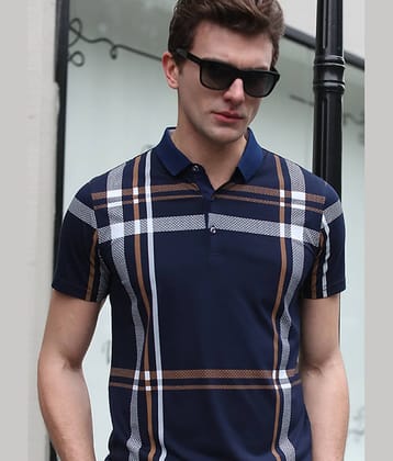 Eyebogler Pack of 1 Cotton Blend Regular Fit Printed Half Sleeves Men's Polo T Shirt ( Navy Blue )